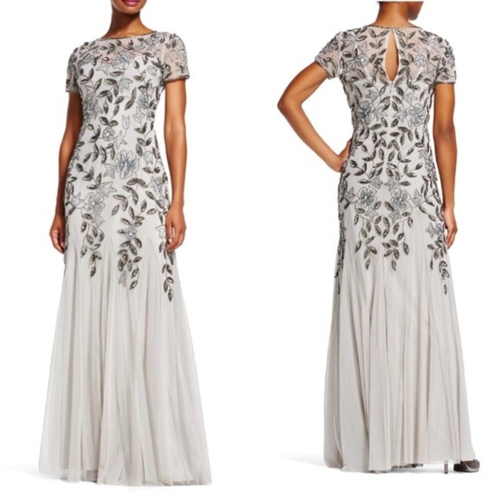 Adrianna Papell Floral Sequin Formal Gown in grey